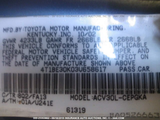 4T1BE30K03U658617 - 2003 TOYOTA CAMRY LE/XLE/SE Mavi foto 9