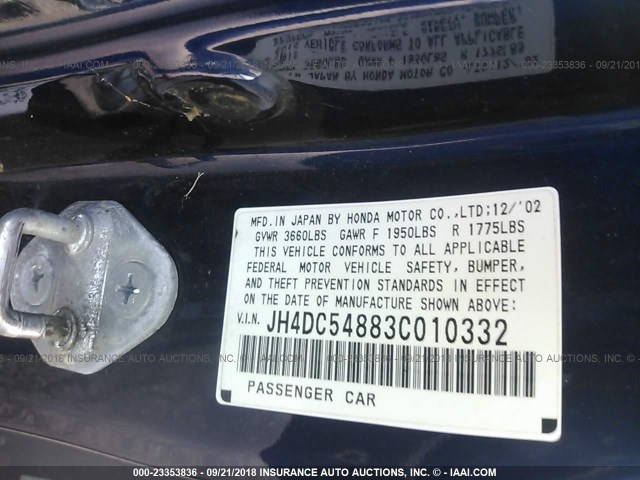 JH4DC54883C010332 - 2003 ACURA RSX BLUE photo 9