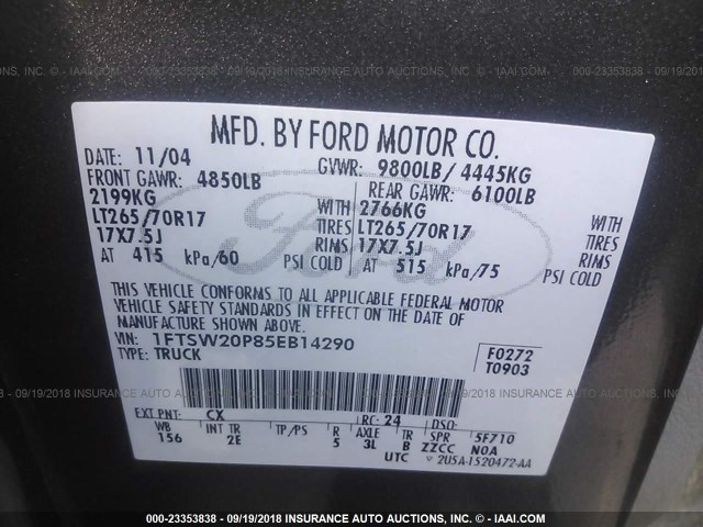 1FTSW20P85EB14290 - 2005 FORD F250 SUPER DUTY GRAY photo 9