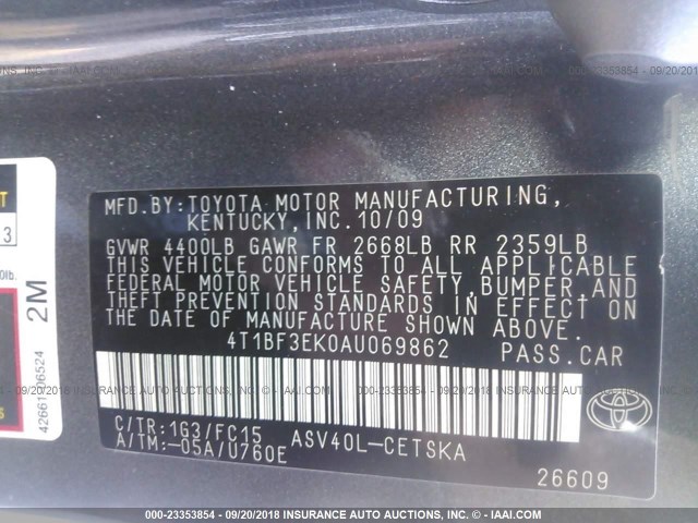 4T1BF3EK0AU069862 - 2010 TOYOTA CAMRY SE/LE/XLE GRAY photo 9