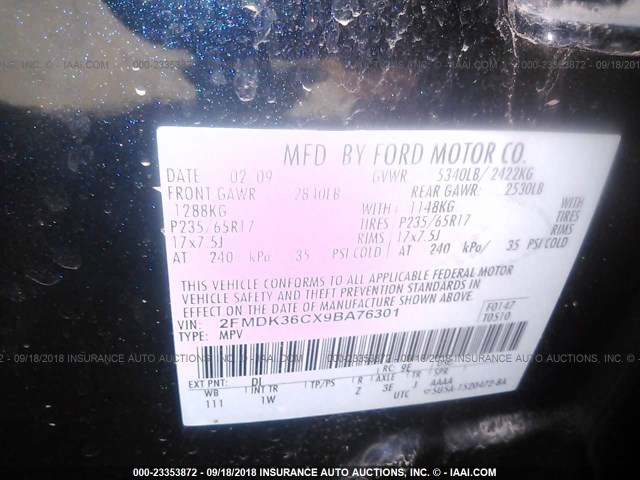 2FMDK36CX9BA76301 - 2009 FORD EDGE BLACK photo 9