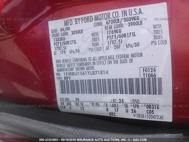 1FMRU1561YLB71814 - 2000 FORD EXPEDITION XLT RED photo 9