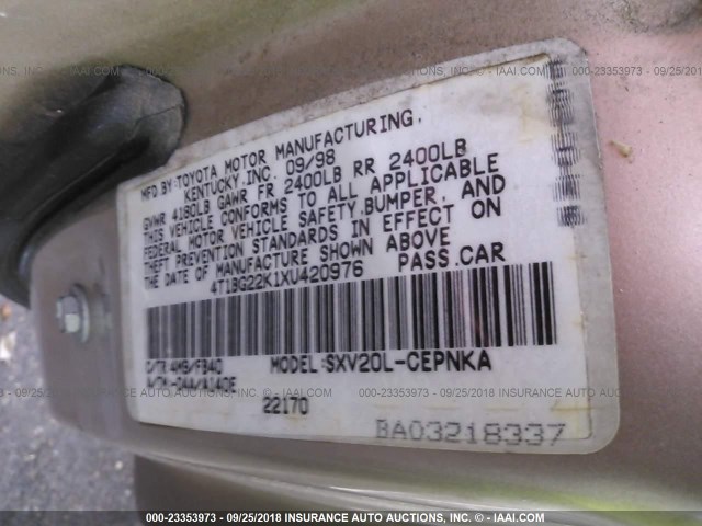 4T1BG22K1XU420976 - 1999 TOYOTA CAMRY CE/LE/XLE 棕色 照片 9