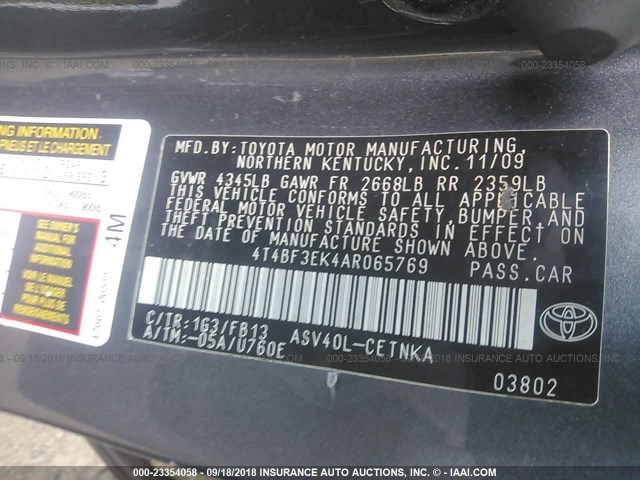 4T4BF3EK4AR065769 - 2010 TOYOTA CAMRY SE/LE/XLE ნაცრისფერი ფოტო 9