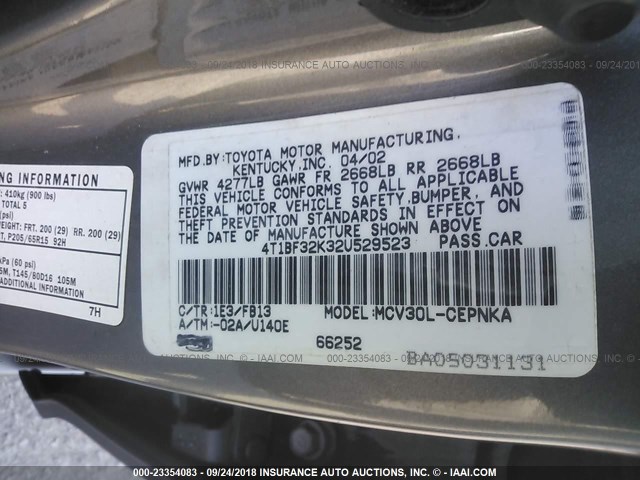 4T1BF32K32U529523 - 2002 TOYOTA CAMRY LE/XLE/SE 米色 照片 9