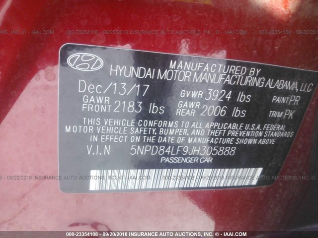 5NPD84LF9JH305888 - 2018 HYUNDAI ELANTRA SEL/VALUE/LIMITED RED photo 9