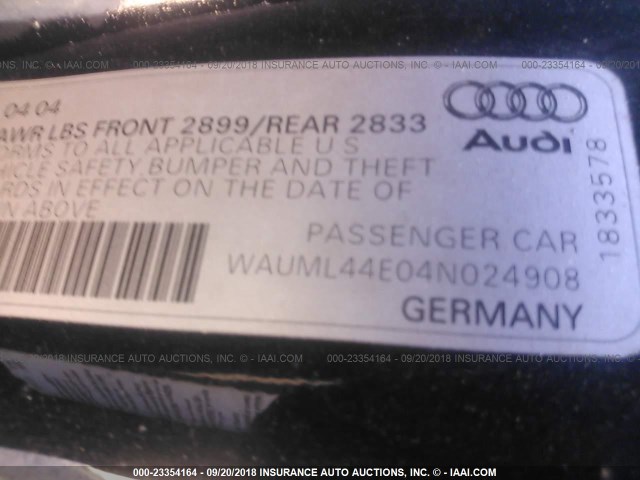 WAUML44E04N024908 - 2004 AUDI A8 L QUATTRO BLACK photo 9