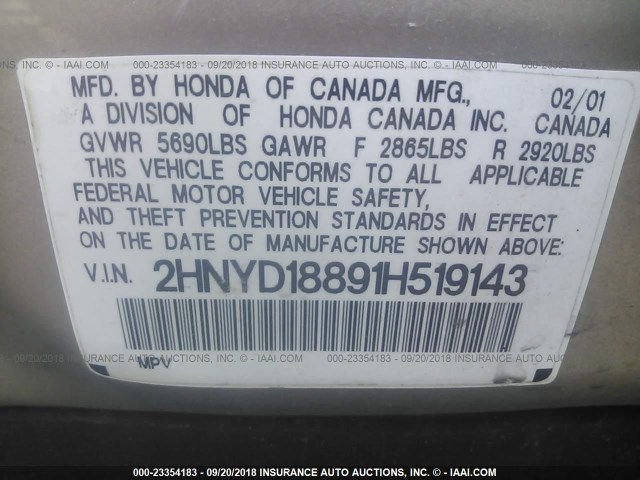 2HNYD18891H519143 - 2001 ACURA MDX TOURING GOLD photo 9
