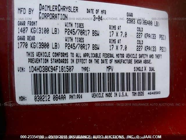 1D4HD38K94F181507 - 2004 DODGE DURANGO ST RED photo 9