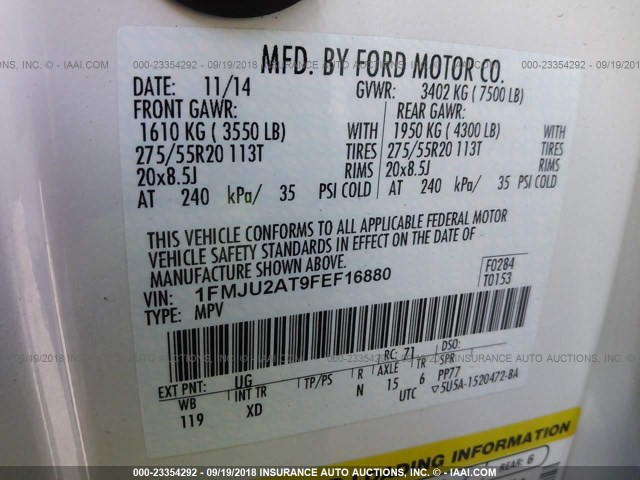 1FMJU2AT9FEF16880 - 2015 FORD EXPEDITION LIMITED WHITE photo 9