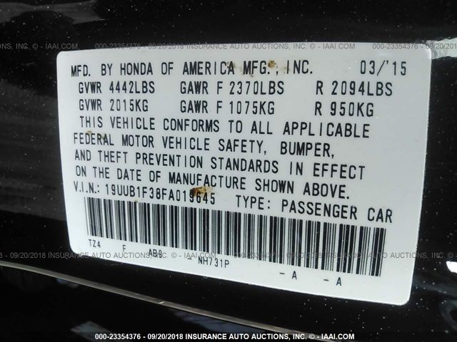 19UUB1F38FA019645 - 2015 ACURA TLX BLACK photo 9