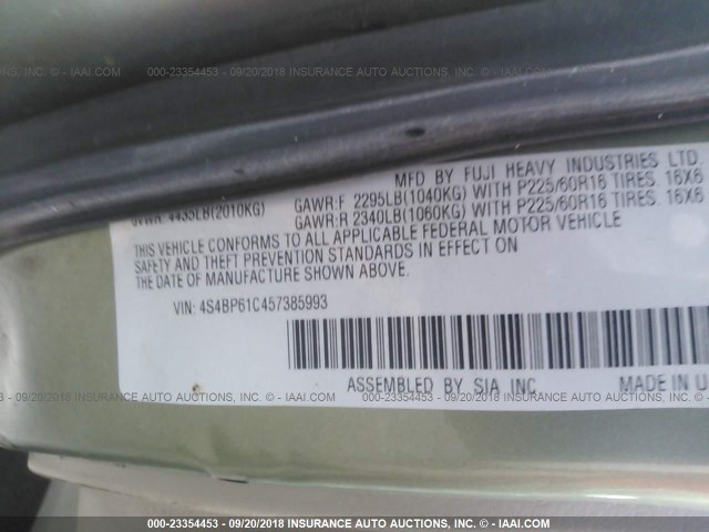 4S4BP61C457385993 - 2005 SUBARU LEGACY OUTBACK 2.5I GREEN photo 9