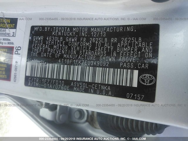 4T1BF1FK7EU349092 - 2014 TOYOTA CAMRY L/SE/LE/XLE 银色 照片 9