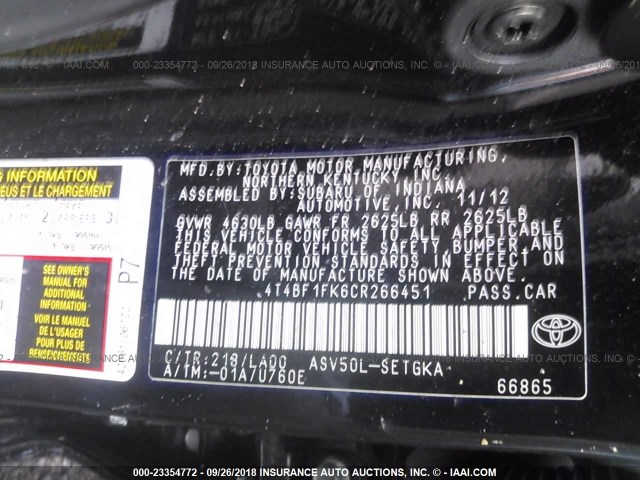 4T4BF1FK6CR266451 - 2012 TOYOTA CAMRY SE/LE/XLE შავი ფოტო 9