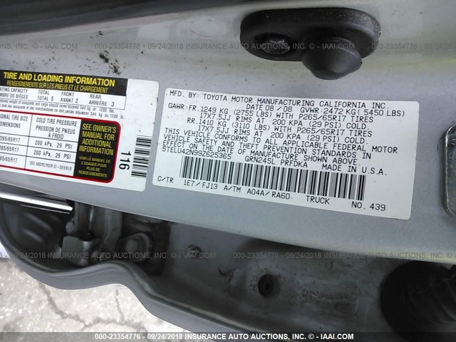 5TELU42N99Z625365 - 2009 TOYOTA TACOMA DOUBLE CAB 银色 照片 9