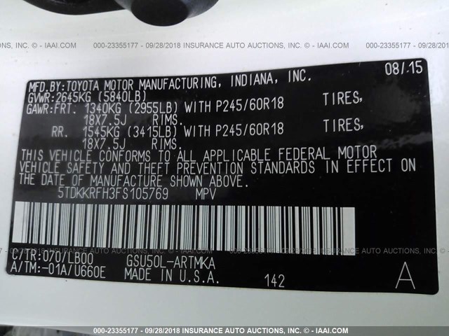 5TDKKRFH3FS105769 - 2015 TOYOTA HIGHLANDER XLE თეთრი ფოტო 9