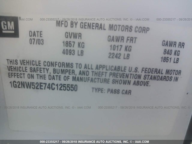 1G2NW52E74C125550 - 2004 PONTIAC GRAND AM GT WHITE photo 9