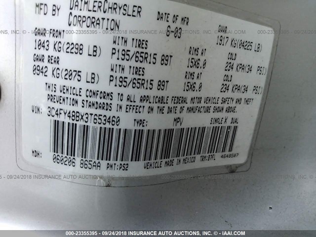 3C4FY48BX3T653460 - 2003 CHRYSLER PT CRUISER CLASSIC 银色 照片 9