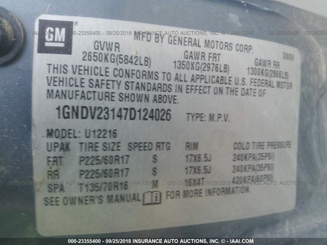 1GNDV23147D124026 - 2007 CHEVROLET UPLANDER LS BLUE photo 9