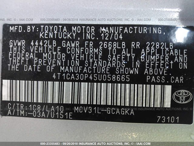 4T1CA30P45U058665 - 2005 TOYOTA CAMRY SOLARA SE/SLE ვერცხლისფერი ფოტო 9