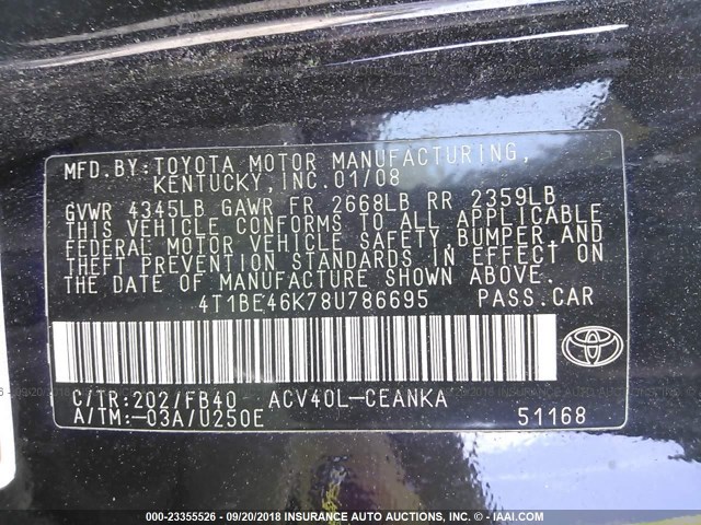 4T1BE46K78U786695 - 2008 TOYOTA CAMRY CE/LE/XLE/SE BLACK photo 9