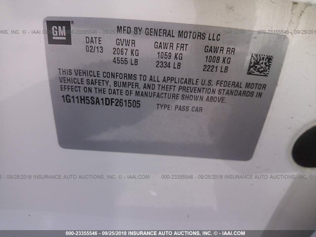 1G11H5SA1DF261505 - 2013 CHEVROLET MALIBU LTZ 白色 照片 9