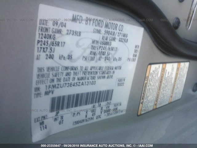 1FMZU73E45ZA13103 - 2005 FORD EXPLORER XLT/XLT SPORT/NBX 银色 照片 9