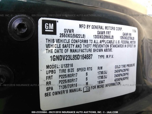 1GNDV23L85D164687 - 2005 CHEVROLET UPLANDER LS 绿色 照片 9