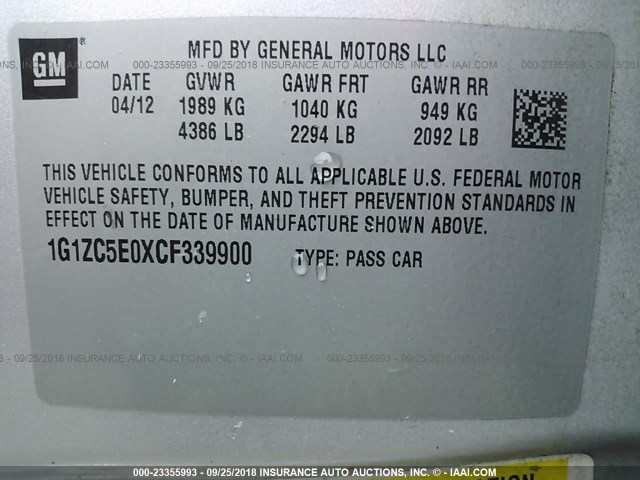 1G1ZC5E0XCF339900 - 2012 CHEVROLET MALIBU 1LT 银色 照片 9