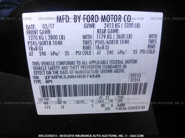 2FMPK3J99HBB74548 - 2017 FORD EDGE SEL BLACK photo 9