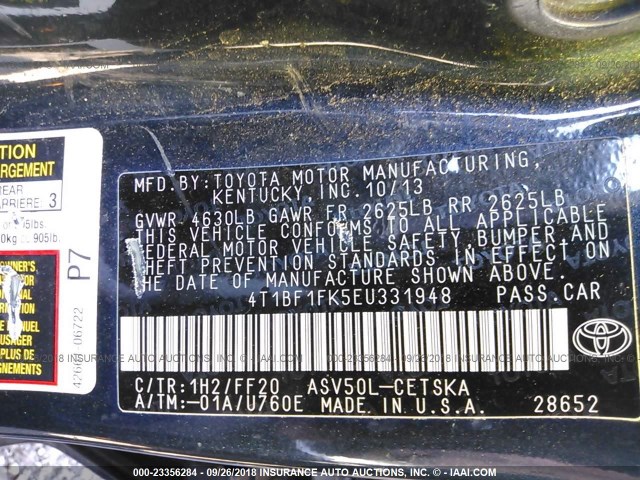 4T1BF1FK5EU331948 - 2014 TOYOTA CAMRY L/SE/LE/XLE 黑色 照片 9