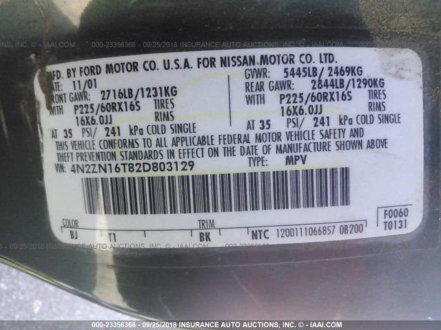 4N2ZN16T82D803129 - 2002 NISSAN QUEST SE GREEN photo 9