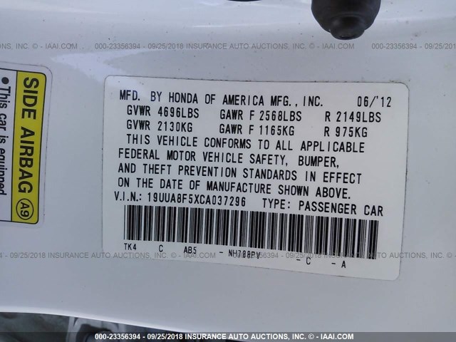 19UUA8F5XCA037296 - 2012 ACURA TL WHITE photo 9