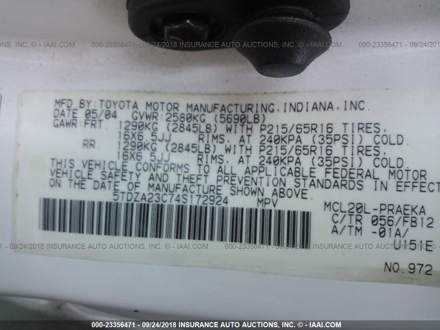 5TDZA23C74S172924 - 2004 TOYOTA SIENNA CE/LE WHITE photo 9