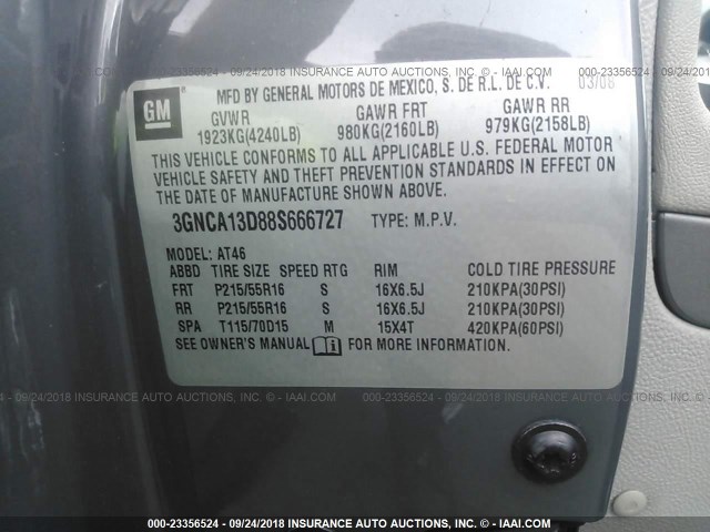 3GNCA13D88S666727 - 2008 CHEVROLET HHR LS GRAY photo 9
