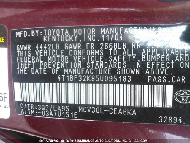 4T1BF32K85U095183 - 2005 TOYOTA CAMRY LE/XLE/SE Qırmızı foto 9