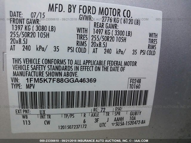 1FM5K7F88GGA46369 - 2016 FORD EXPLORER LIMITED SILVER photo 9