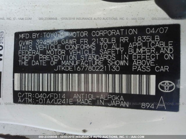 JTKDE167780221130 - 2008 TOYOTA SCION TC 白色 照片 9