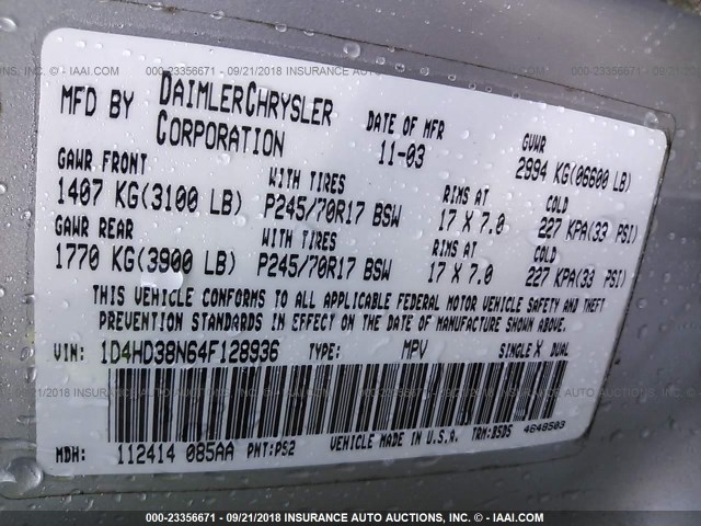 1D4HD38N64F128936 - 2004 DODGE DURANGO ST SILVER photo 9