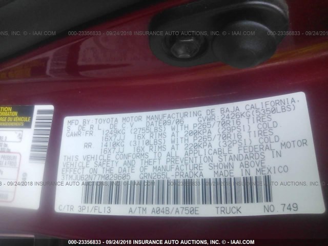 3TMJU62N77M029605 - 2007 TOYOTA TACOMA DOUBLE CAB PRERUNNER RED photo 9