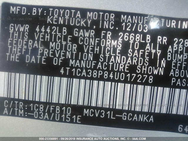 4T1CA38P84U017278 - 2004 TOYOTA CAMRY SOLARA SE/SLE ვერცხლისფერი ფოტო 9