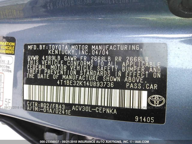 4T1BE32K14U893736 - 2004 TOYOTA CAMRY LE/XLE/SE Mavi foto 9
