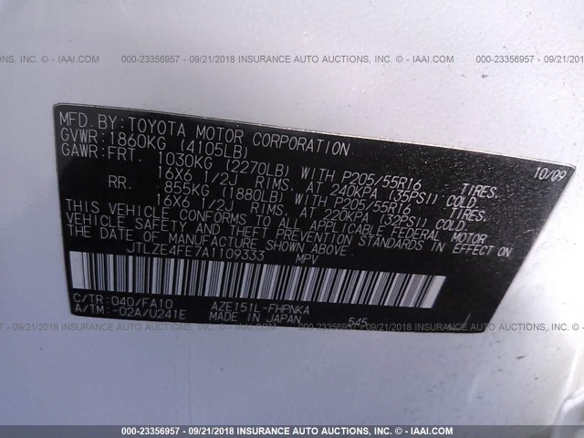 JTLZE4FE7A1109333 - 2010 TOYOTA SCION XB Ақ фото 9