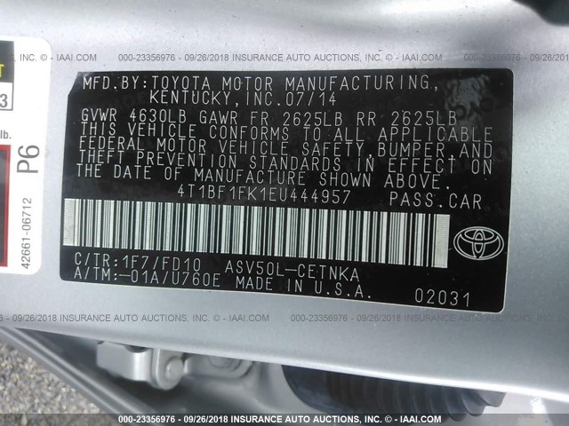 4T1BF1FK1EU444957 - 2014 TOYOTA CAMRY L/SE/LE/XLE Gümüş foto 9