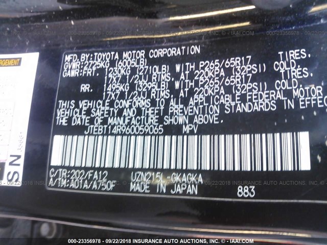 JTEBT14R960059065 - 2006 TOYOTA 4RUNNER SR5/SPORT BLACK photo 9