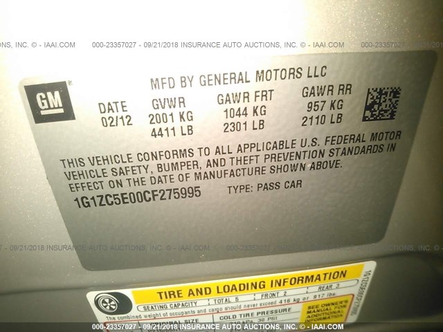 1G1ZC5E00CF275995 - 2012 CHEVROLET MALIBU 1LT GOLD photo 9