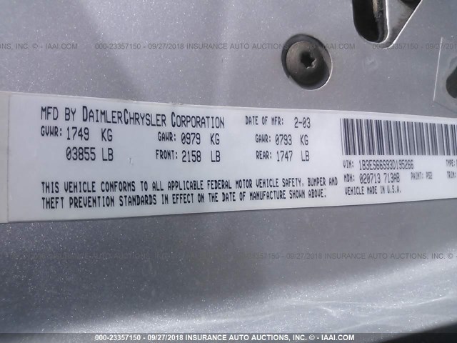 1B3ES66S93D195266 - 2003 DODGE NEON SRT-4 SILVER photo 9