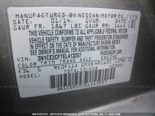3N1CE2CP7EL413257 - 2014 NISSAN VERSA NOTE S/S PLUS/SV/SL GRAY photo 9