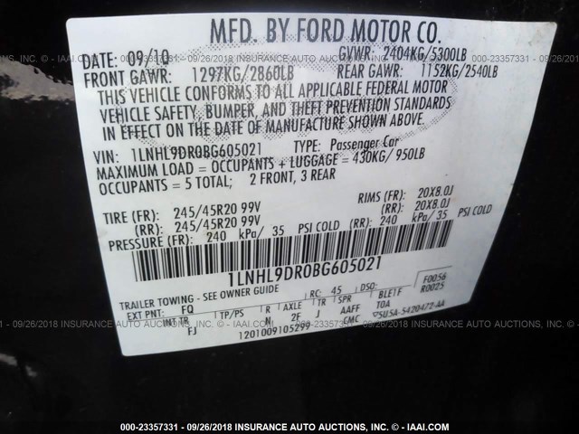 1LNHL9DR0BG605021 - 2011 LINCOLN MKS MAROON photo 9