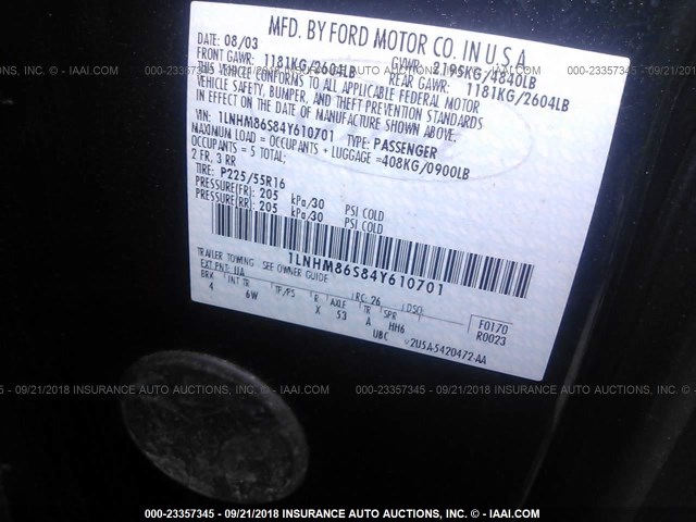 1LNHM86S84Y610701 - 2004 LINCOLN LS BLACK photo 9